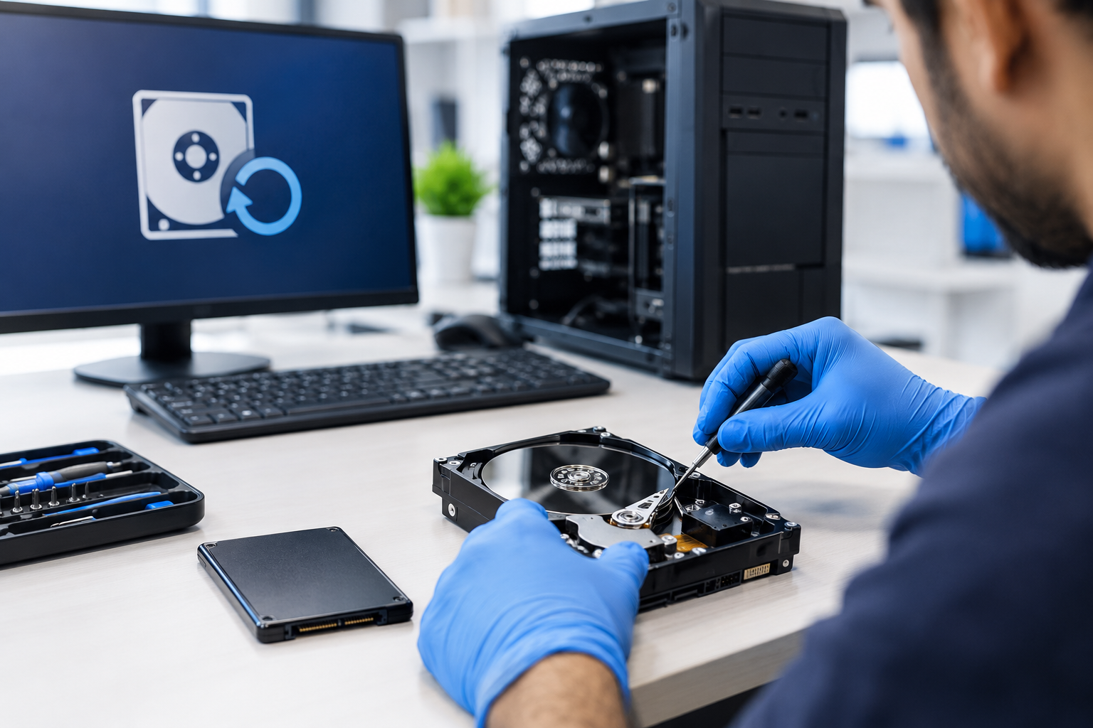 Desktop data recovery technician repairing a hard drive in Dubai